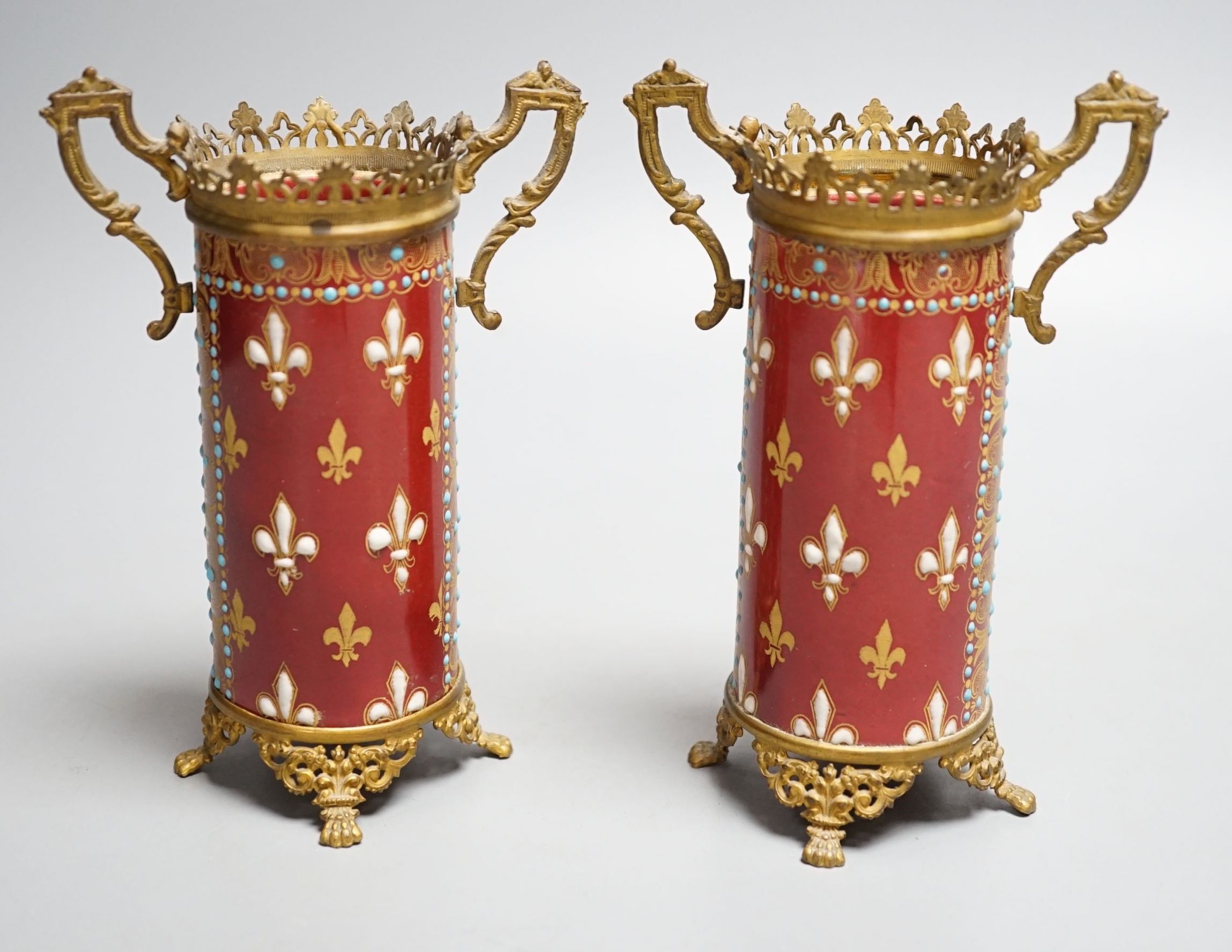 A pair of German or Austrian jewelled porcelain gilt metal mounted vases - 13cm tall